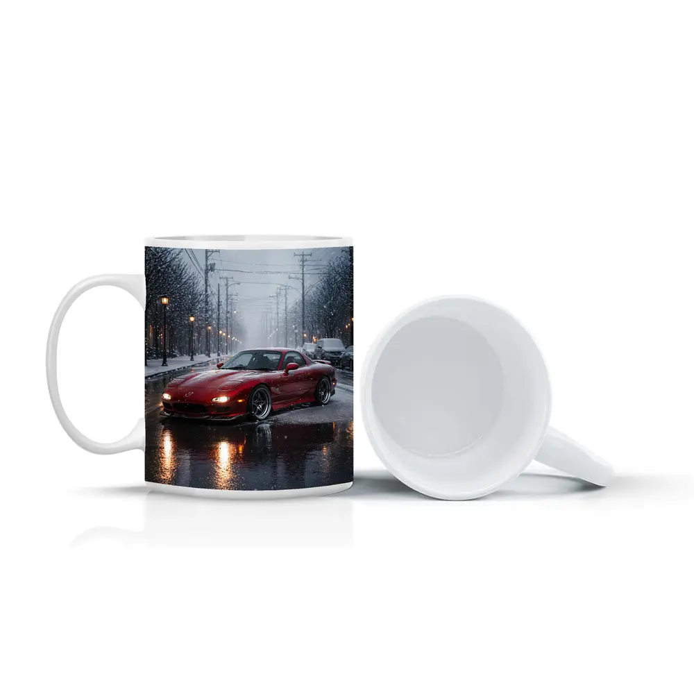 Mazda RX7 Red Sports Car Snowy Street – Mugs