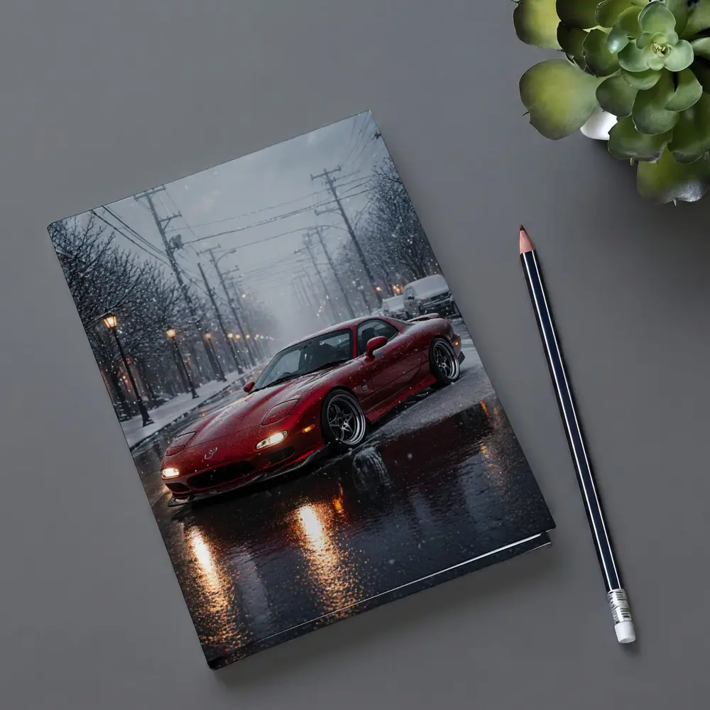 Mazda RX7 Red Sports Car Snowy Street – Notebooks