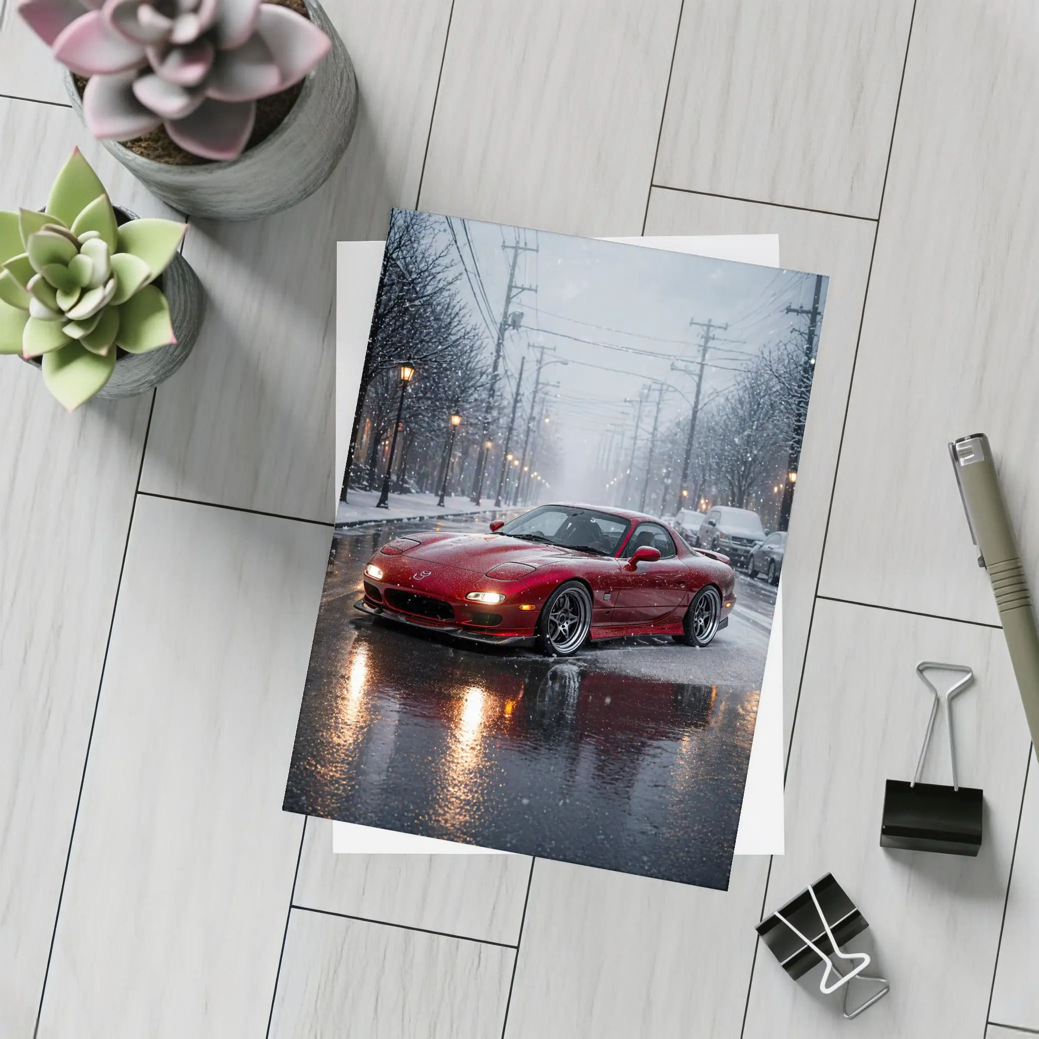 Mazda RX7 Red Sports Car Snowy Street – Postcards