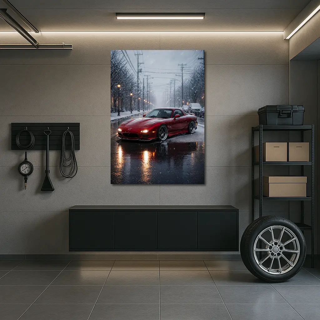 Mazda RX7 Red Sports Car Snowy Street – Wall Art