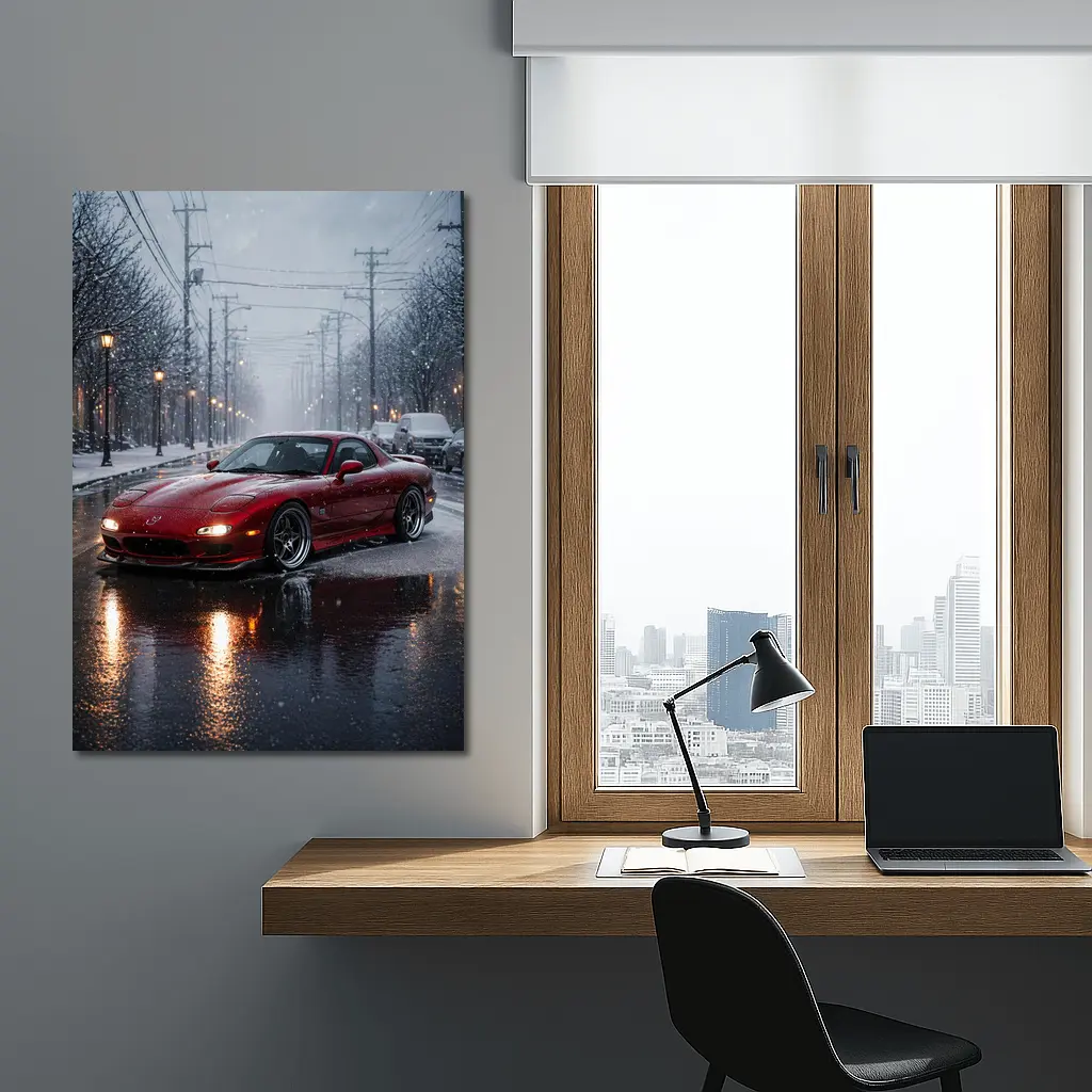 Mazda RX7 Red Sports Car Snowy Street – Wall Art