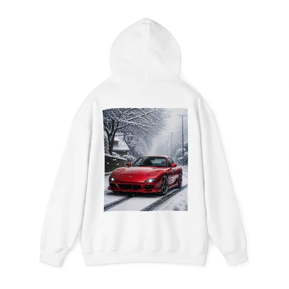 Mazda RX7 Red Sports Car Snowy Street – Hoodies