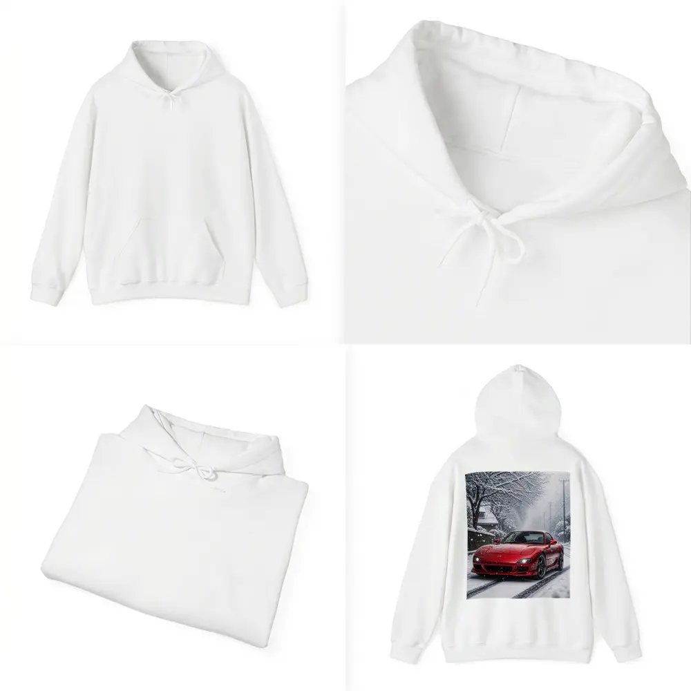 Mazda RX7 Red Sports Car Snowy Street – Hoodies