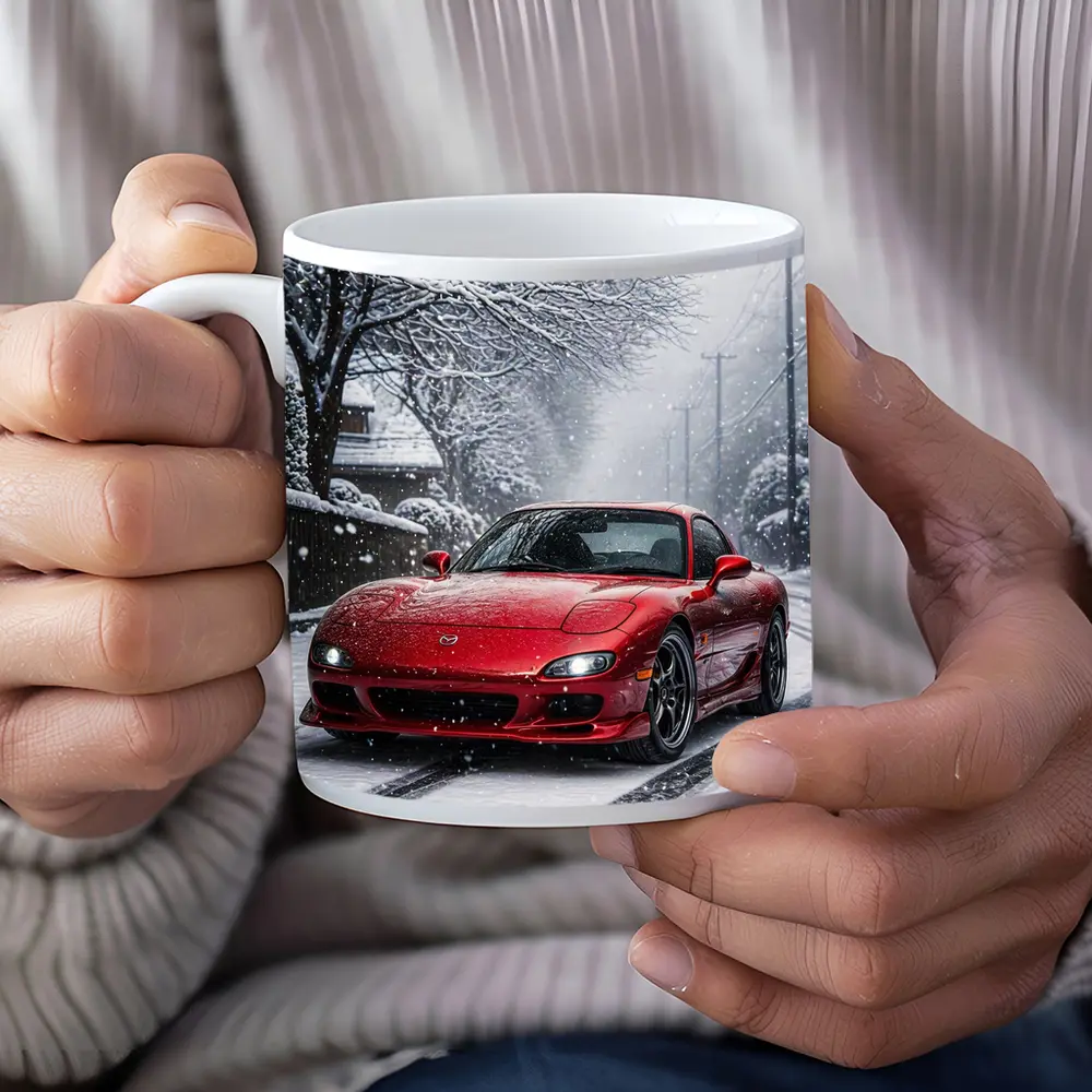 Mazda RX7 Red Sports Car Snowy Street – Mugs