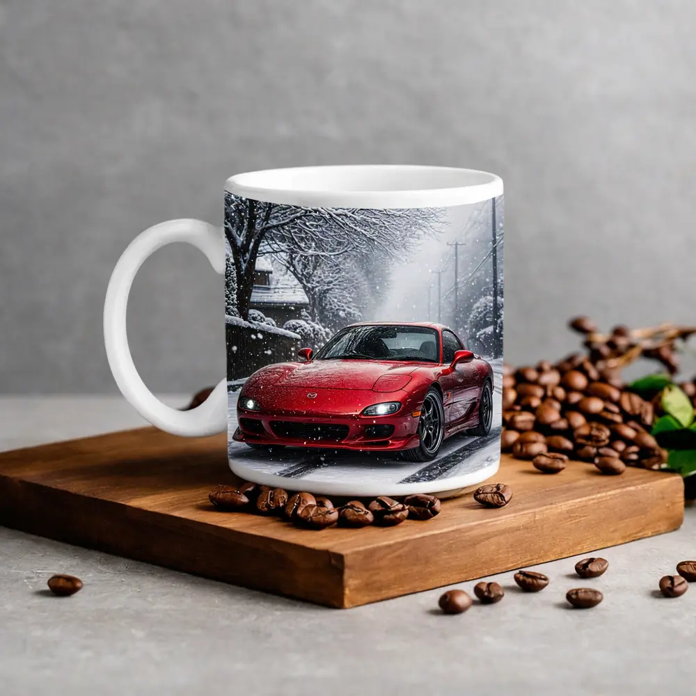 Mazda RX7 Red Sports Car Snowy Street – Mugs