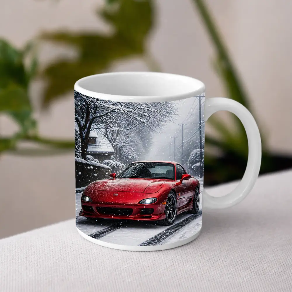 Mazda RX7 Red Sports Car Snowy Street – Mugs