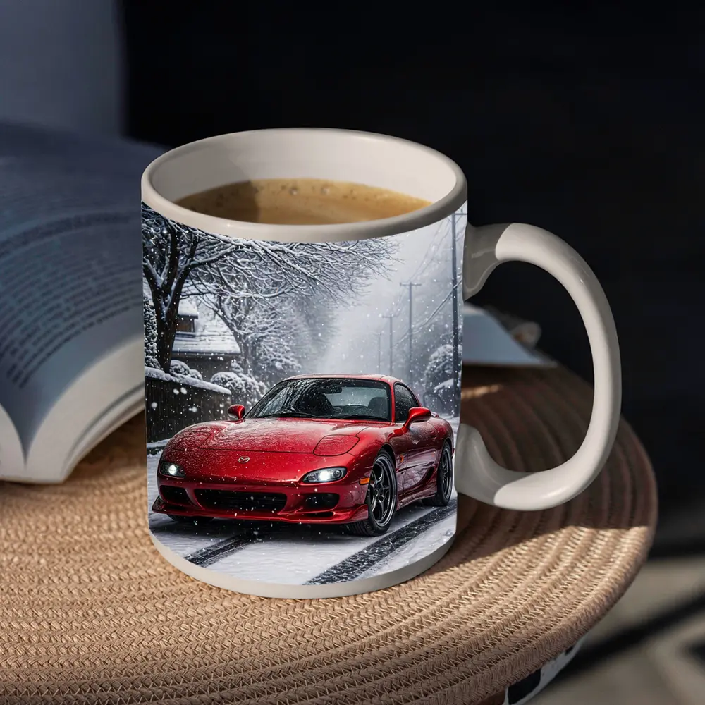 Mazda RX7 Red Sports Car Snowy Street – Mugs