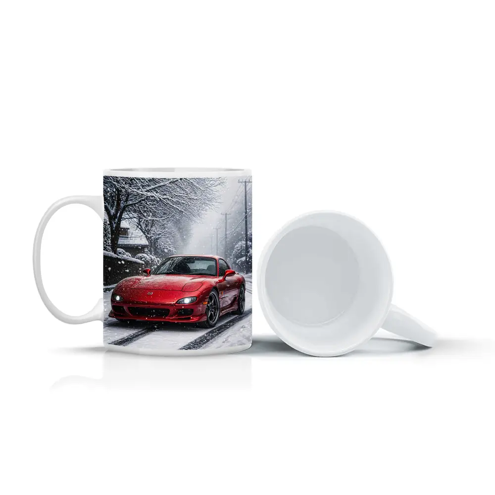 Mazda RX7 Red Sports Car Snowy Street – Mugs