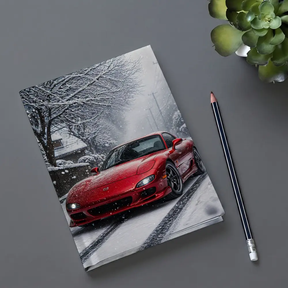 Mazda RX7 Red Sports Car Snowy Street – Notebooks