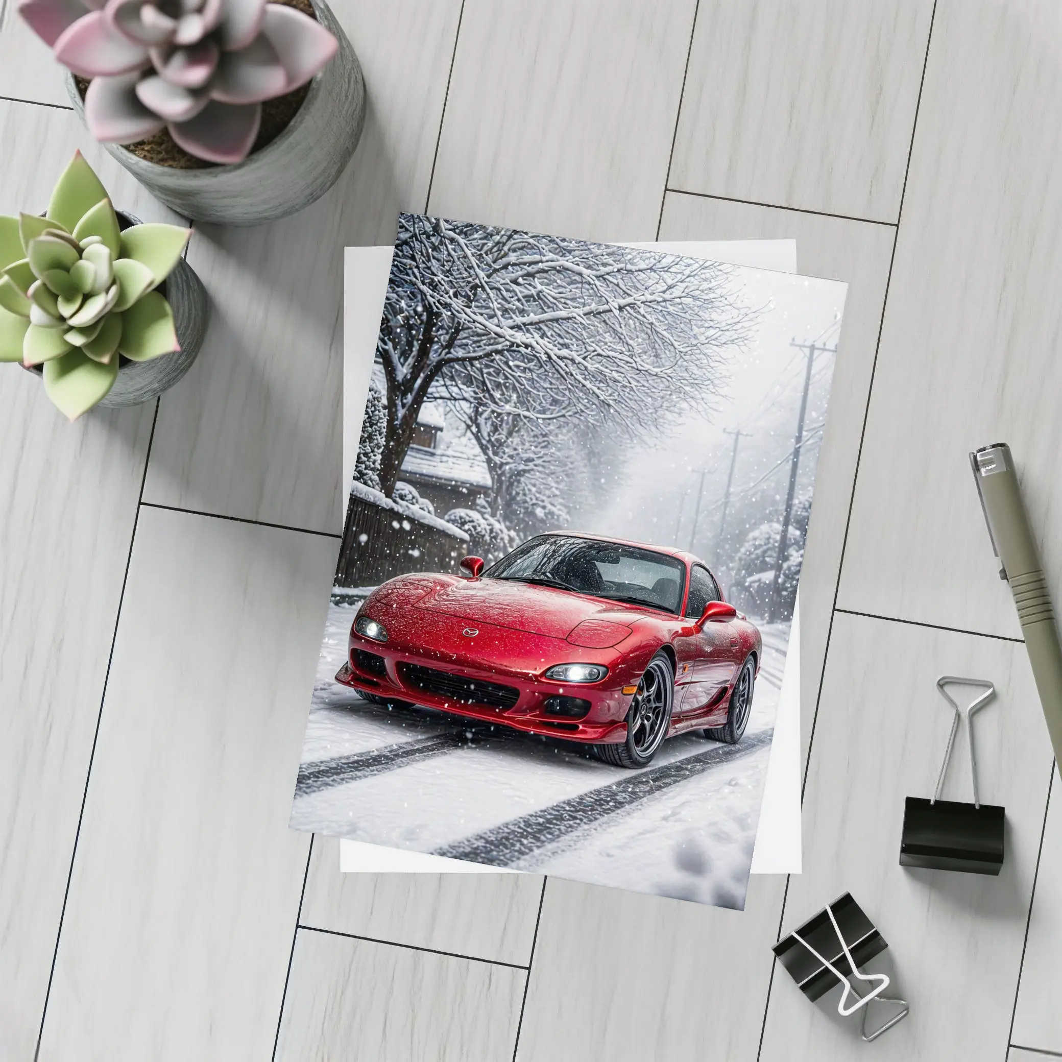 Mazda RX7 Red Sports Car Snowy Street – Postcards
