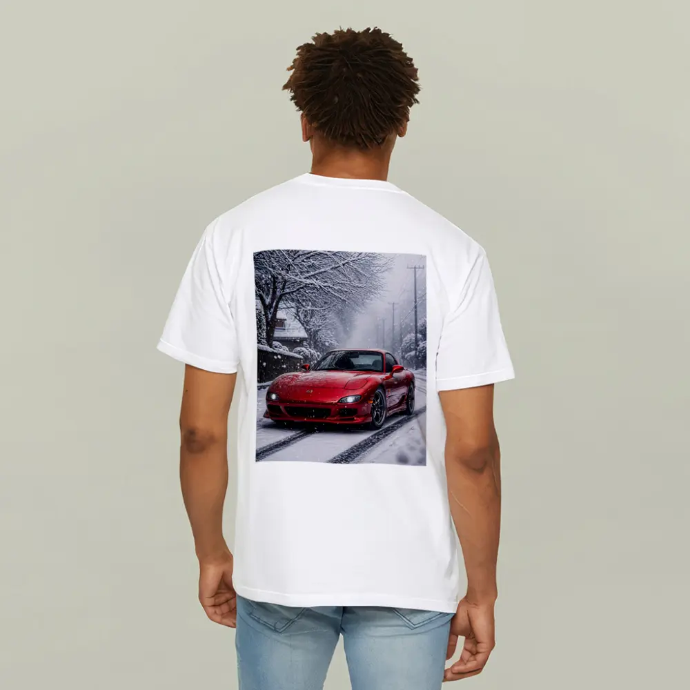 Mazda RX7 Red Sports Car Snowy Street – T-Shirts