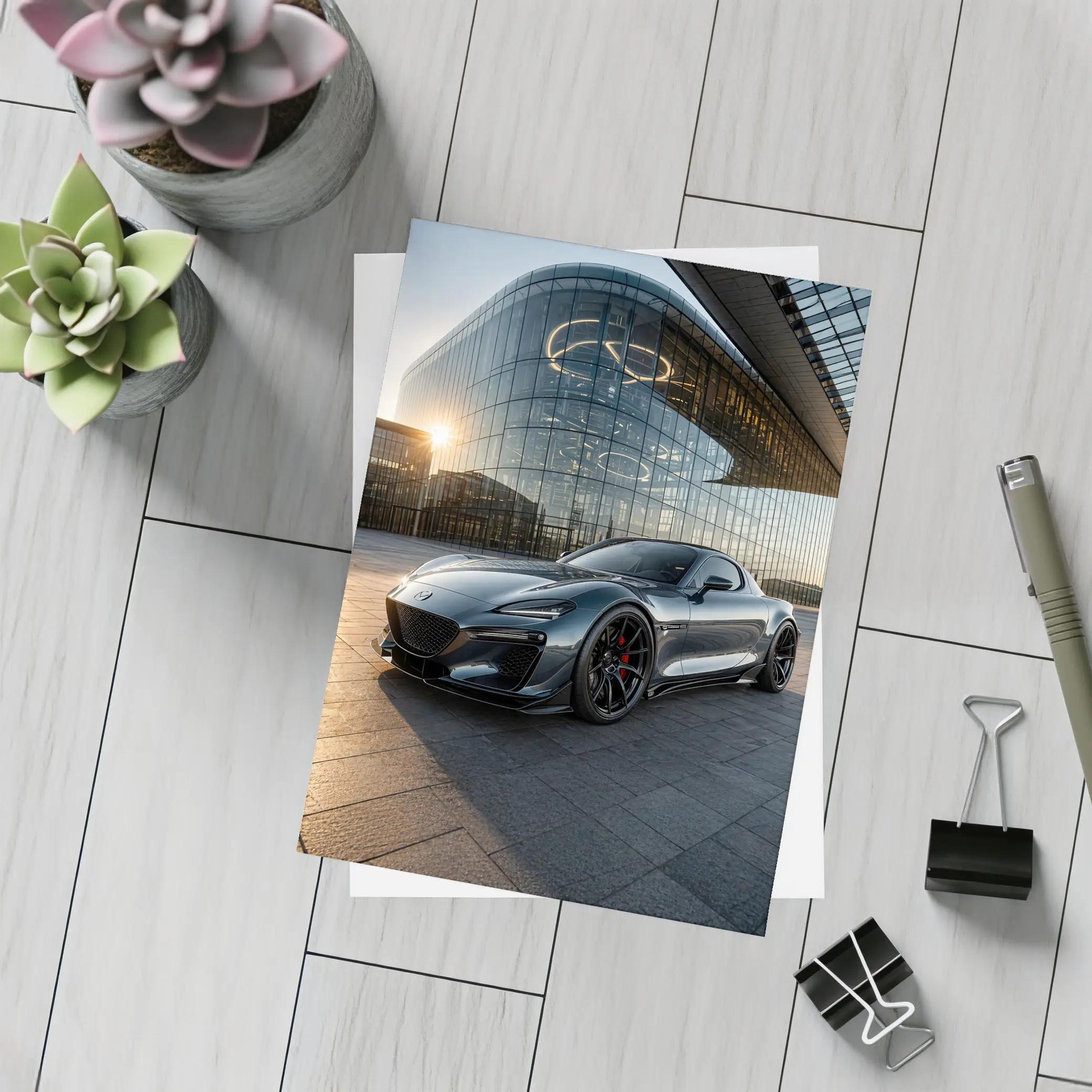 Mazda RX8 Gray Sports Car Glass Building – Postcards