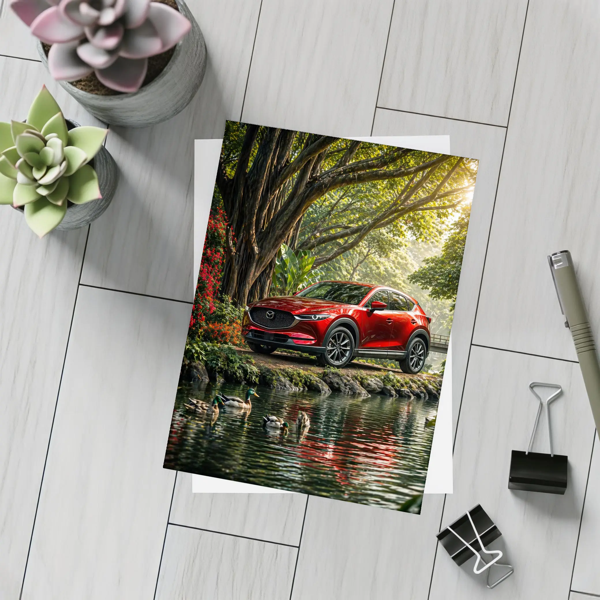 Mazda CX5 Red SUV By River – Postcards