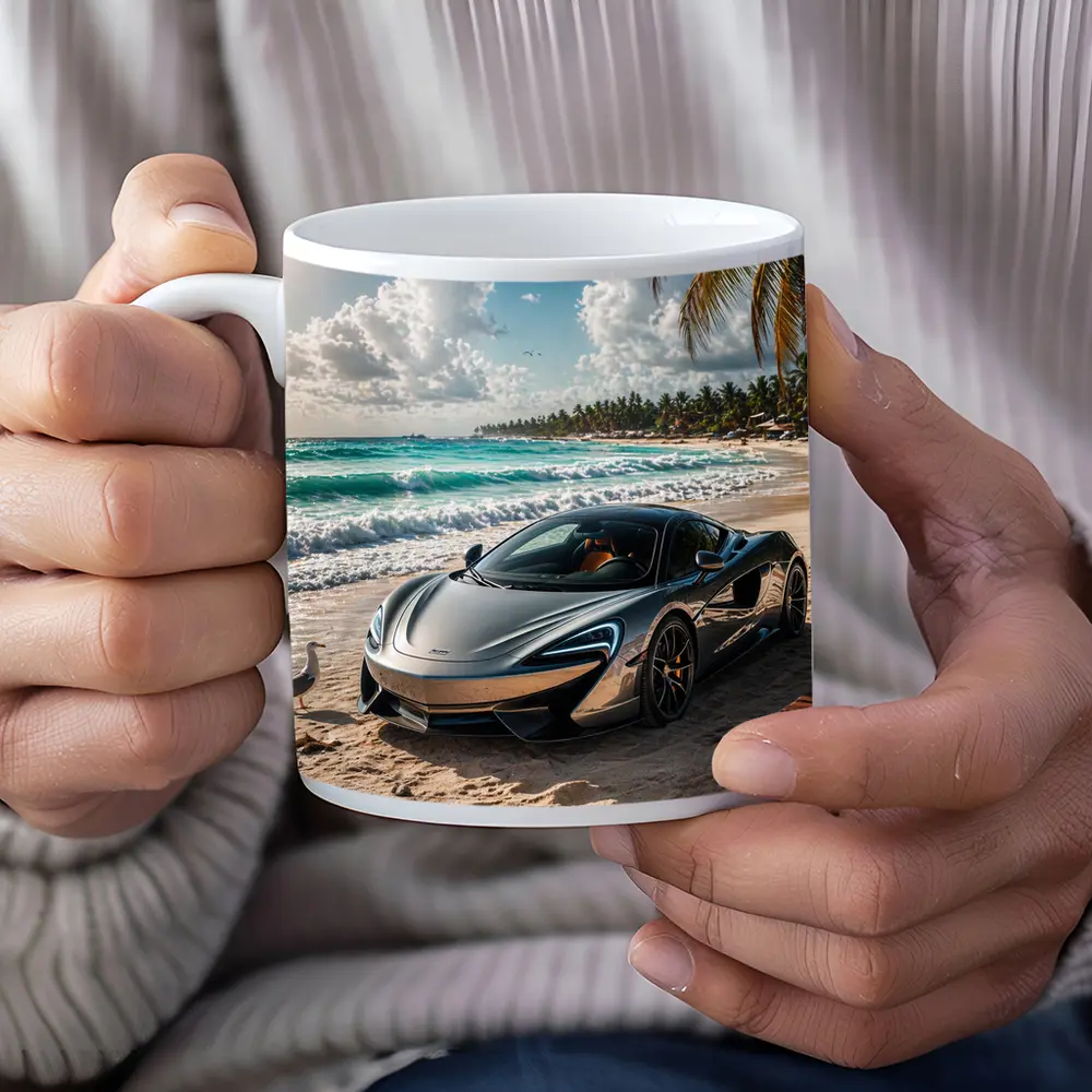 McLaren 570S Parked on Tropical Beach – Mugs