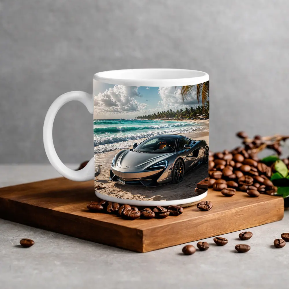 McLaren 570S Parked on Tropical Beach – Mugs