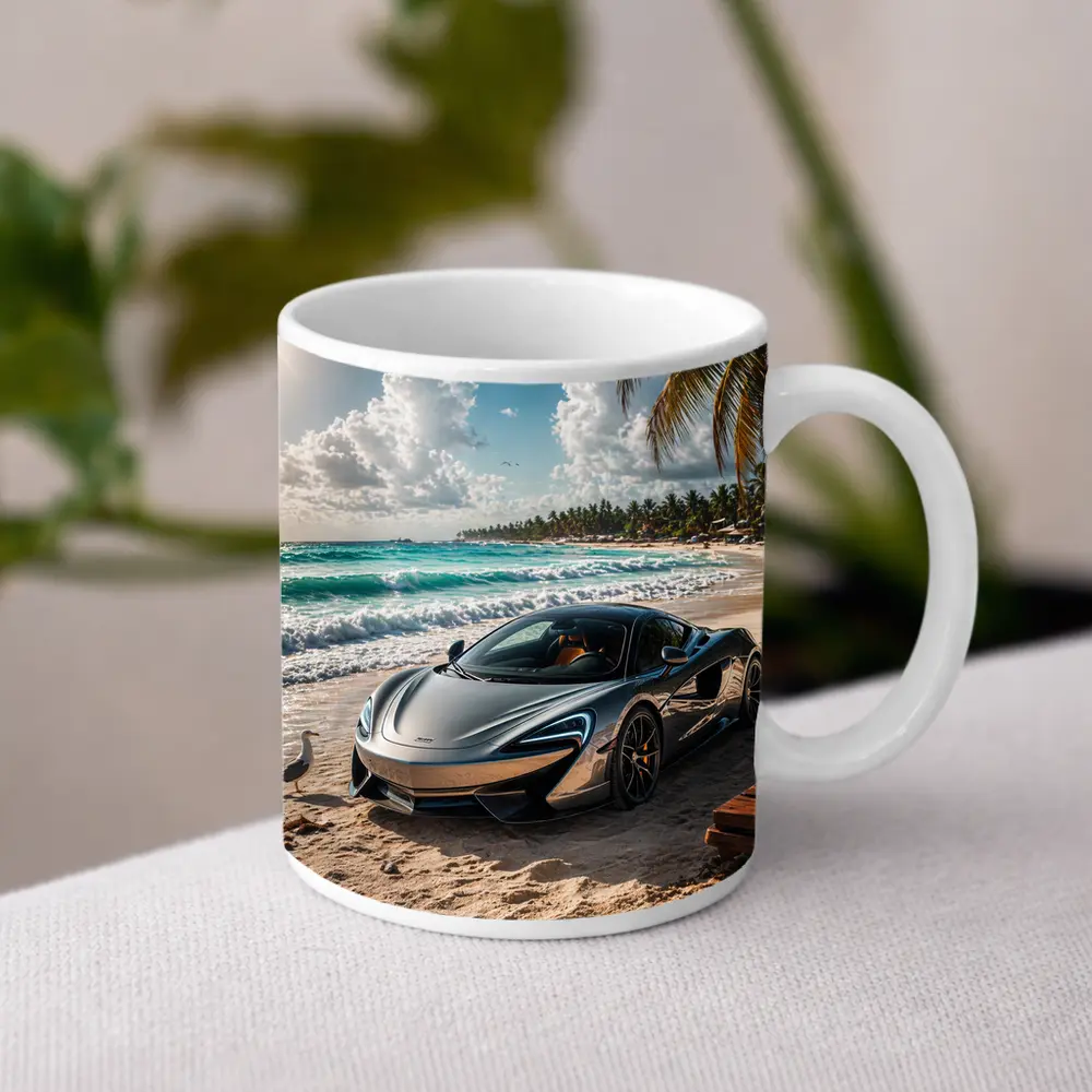 McLaren 570S Parked on Tropical Beach – Mugs