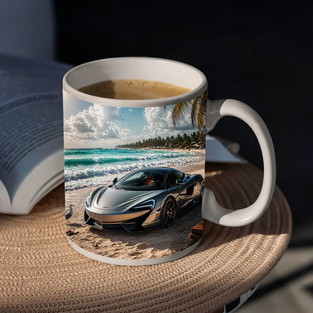 McLaren 570S Parked on Tropical Beach – Mugs