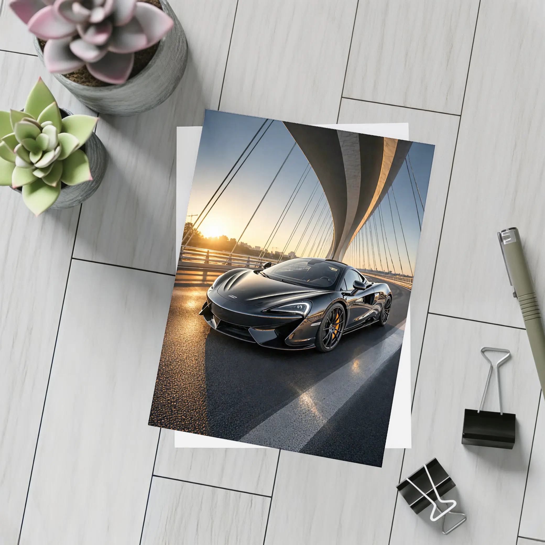 McLaren 570S Black Supercar Bridge Sunset – Postcards