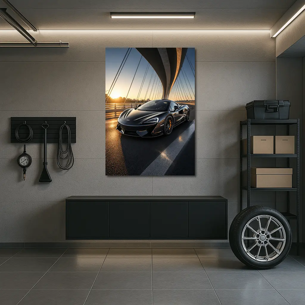 McLaren 570S Black Supercar Bridge Sunset – Wall Art