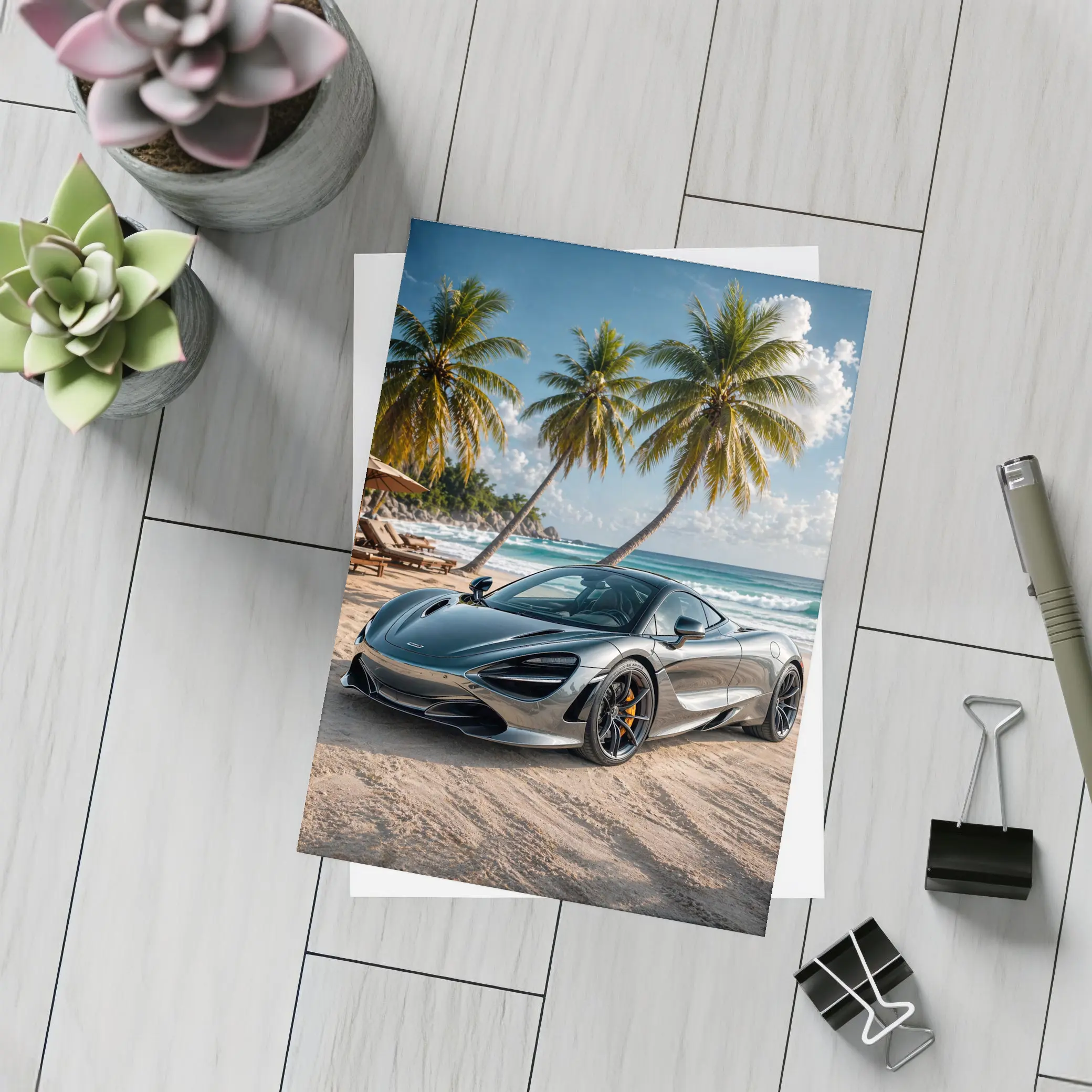 McLaren 720S Silver Supercar Tropical Beach – Postcards