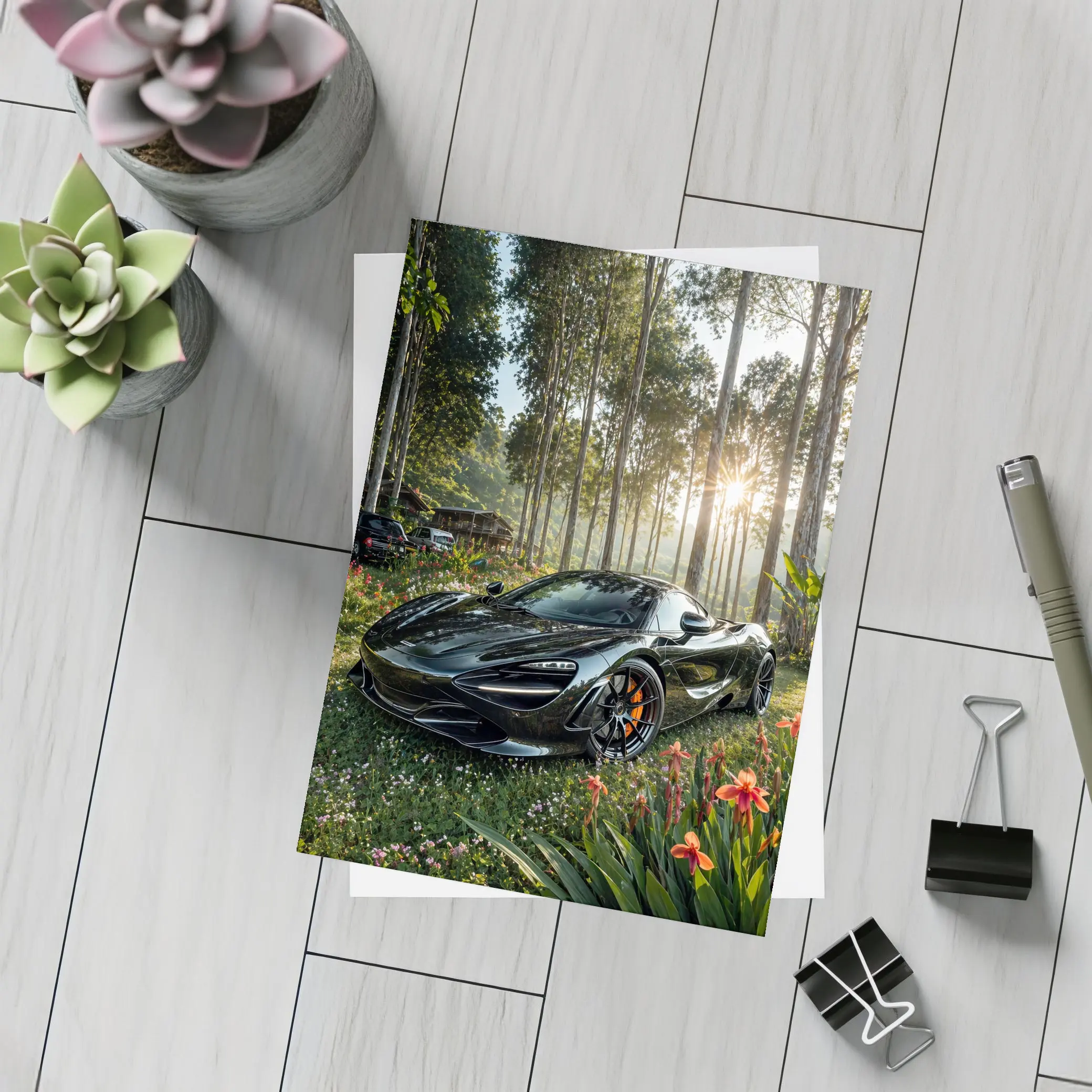 McLaren 720S Black Supercar Forest Sunlight – Postcards