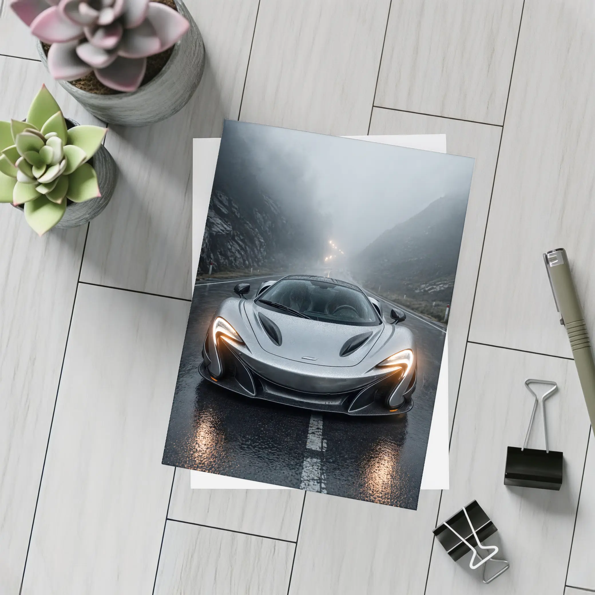 McLaren P1 Silver Rainy Mountain Road – Postcards