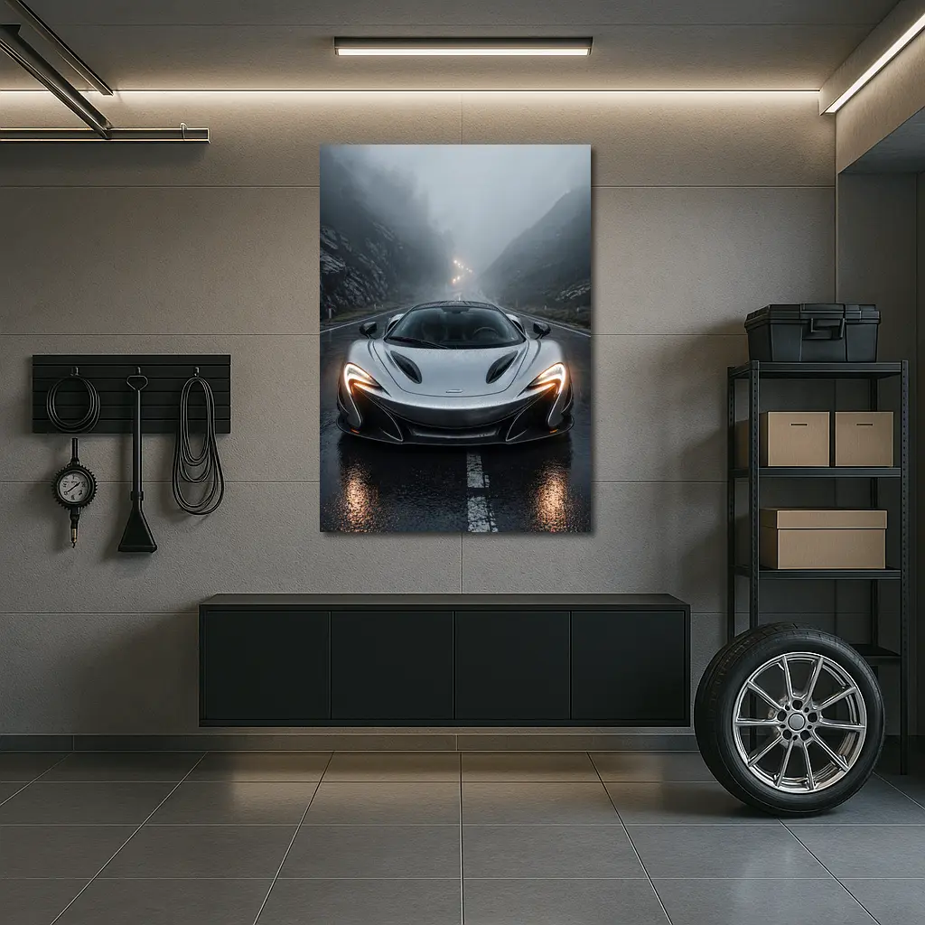 McLaren P1 Silver Rainy Mountain Road – Wall Art