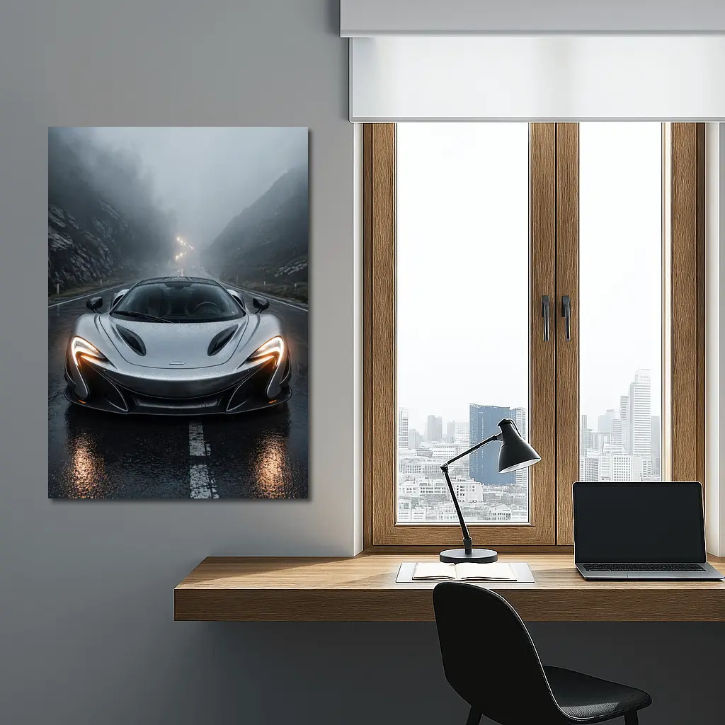 McLaren P1 Silver Rainy Mountain Road – Wall Art