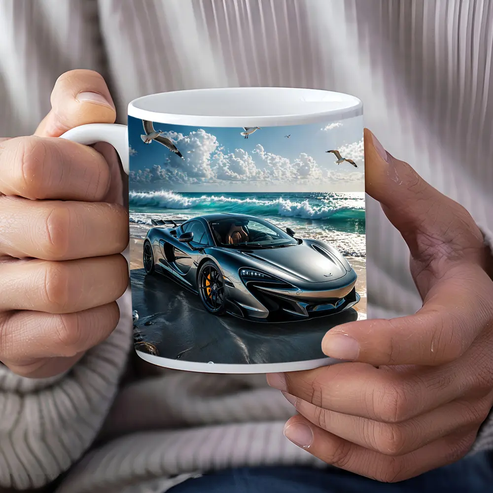 McLaren 765LT Supercar On Sunny Beach – Mugs