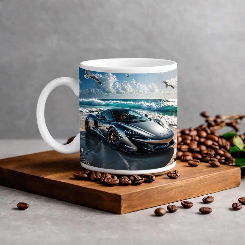 McLaren 765LT Supercar On Sunny Beach – Mugs