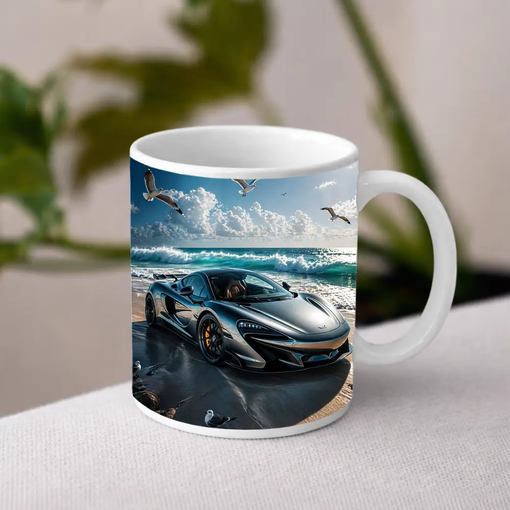McLaren 765LT Supercar On Sunny Beach – Mugs