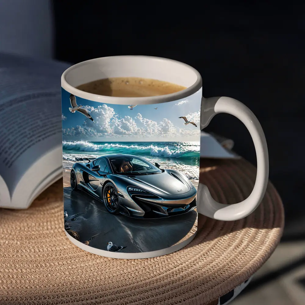 McLaren 765LT Supercar On Sunny Beach – Mugs