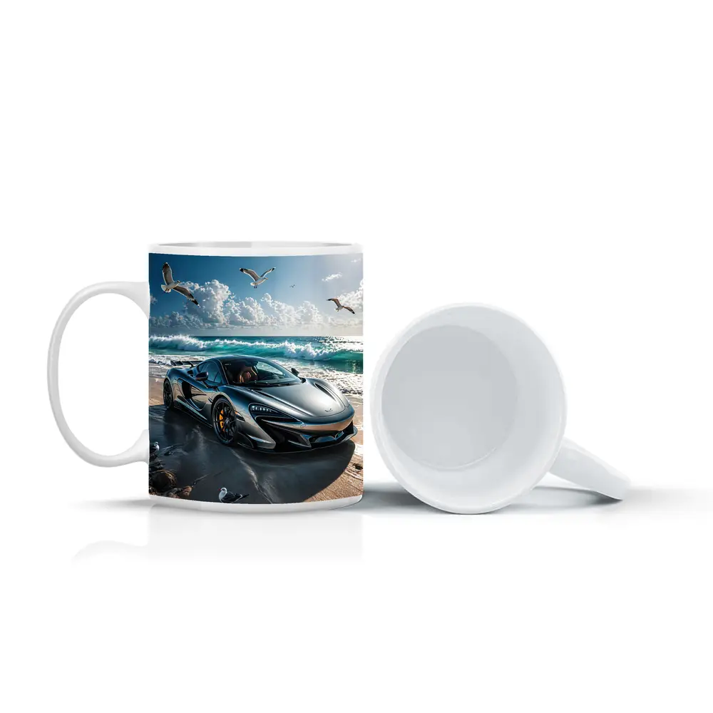 McLaren 765LT Supercar On Sunny Beach – Mugs