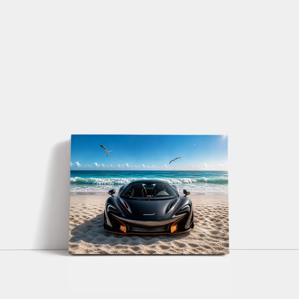 McLaren 765LT Black Supercar on Beach – Wall Art