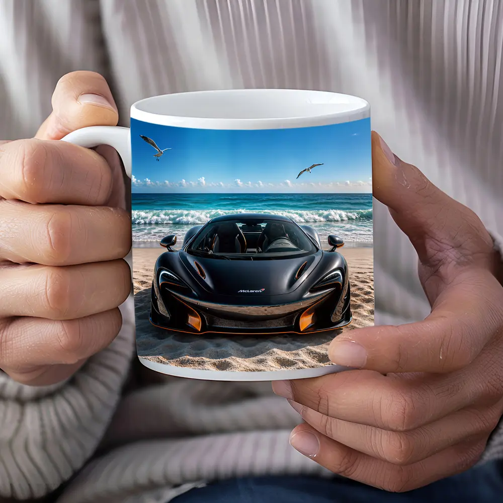 McLaren 765LT Black Supercar on Beach – Mugs