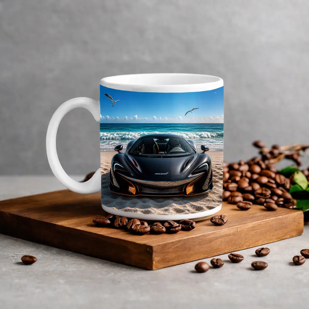 McLaren 765LT Black Supercar on Beach – Mugs