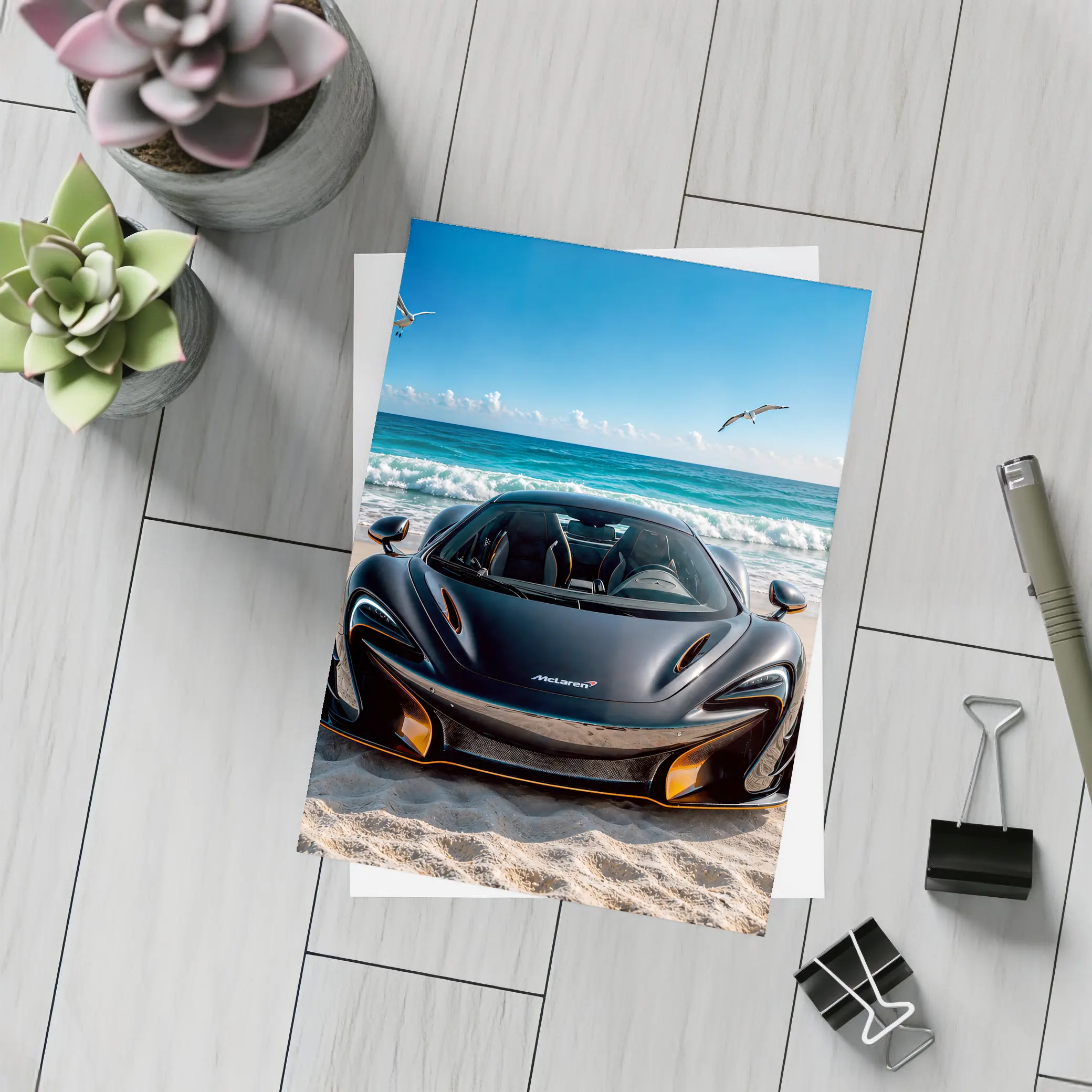 McLaren 765LT Black Supercar on Beach – Postcards