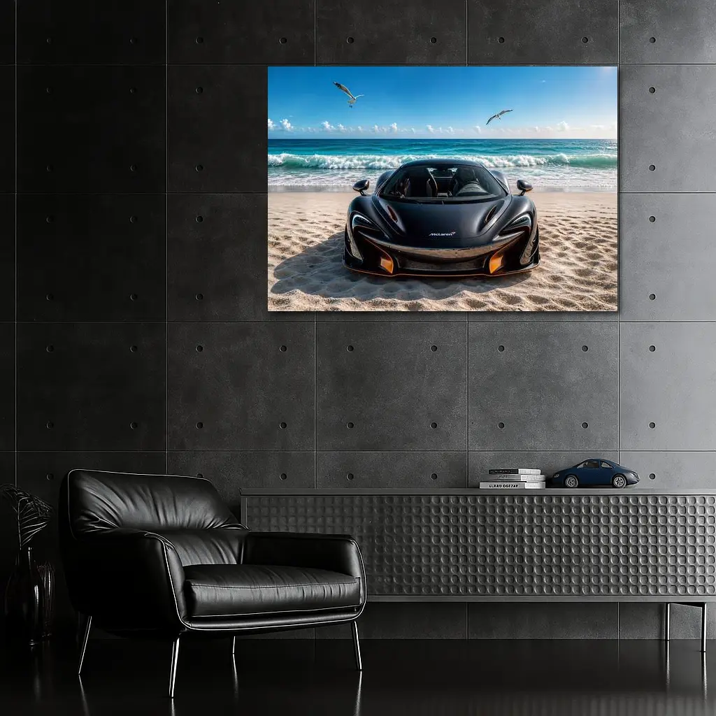 McLaren 765LT Black Supercar on Beach – Wall Art