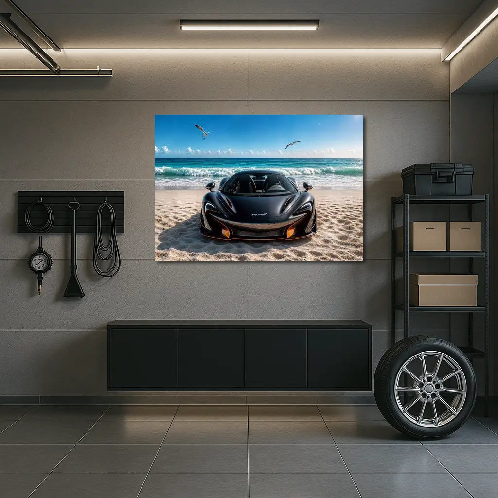McLaren 765LT Black Supercar on Beach – Wall Art