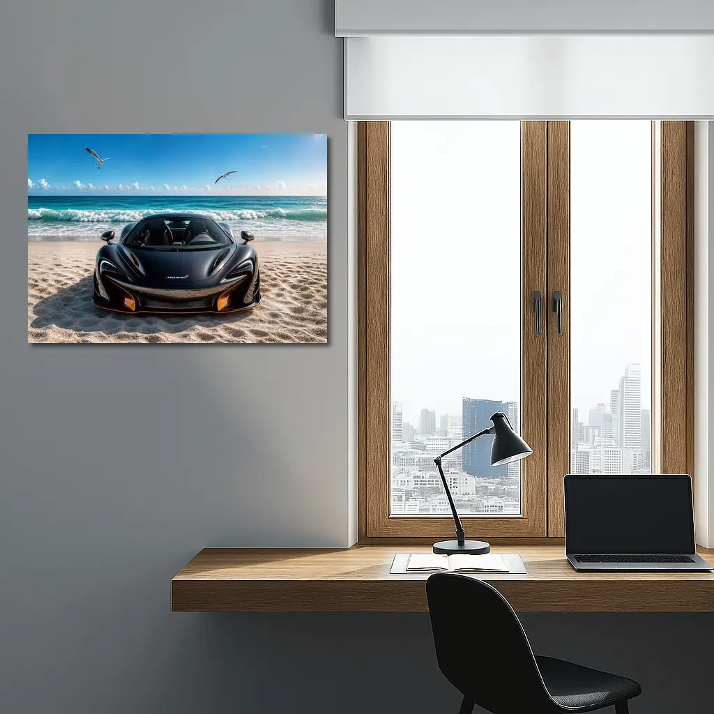McLaren 765LT Black Supercar on Beach – Wall Art