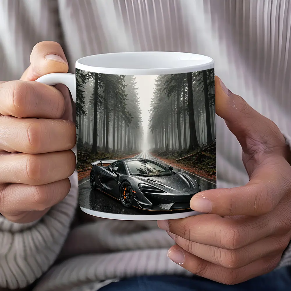 McLaren 570S Gray Supercar Foggy Forest Road – Mugs