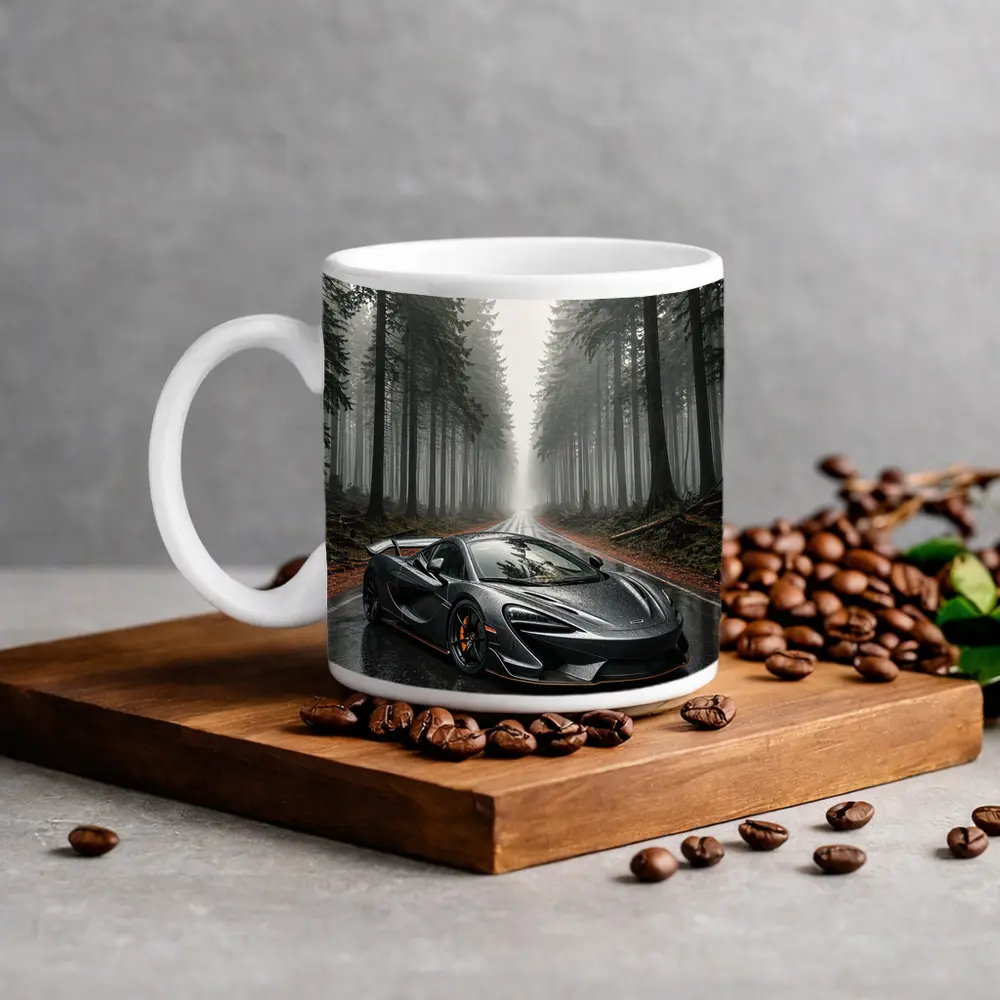 McLaren 570S Gray Supercar Foggy Forest Road – Mugs