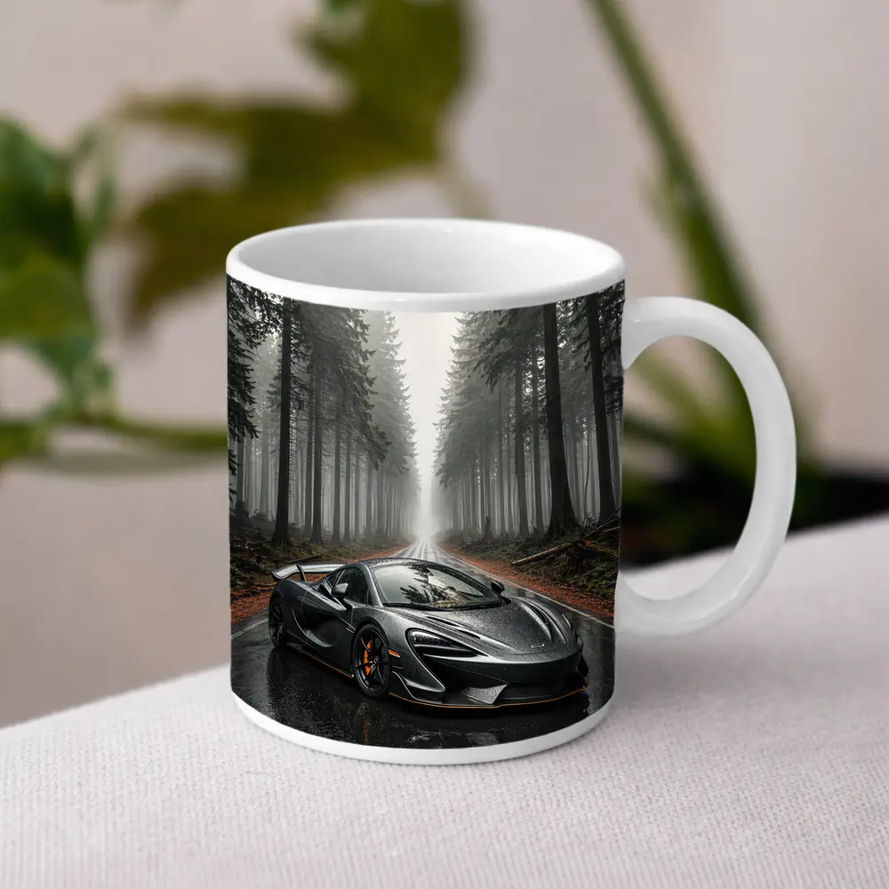 McLaren 570S Gray Supercar Foggy Forest Road – Mugs