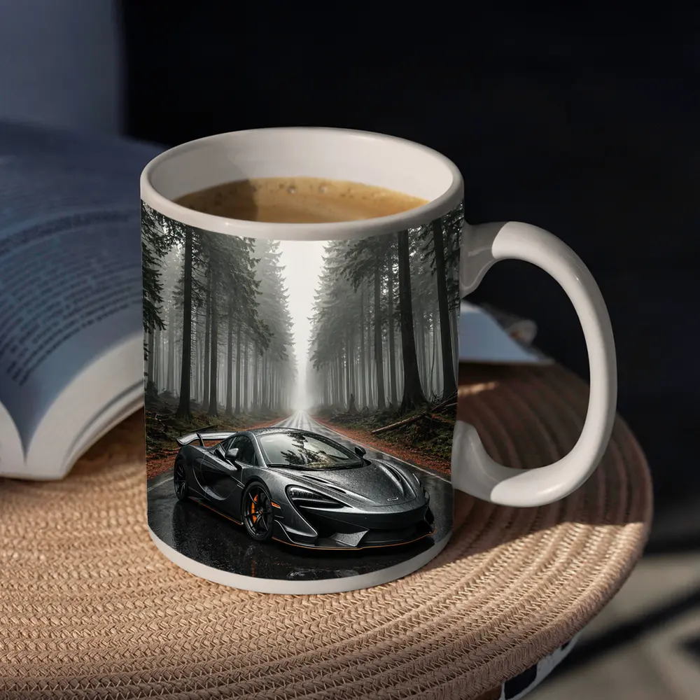 McLaren 570S Gray Supercar Foggy Forest Road – Mugs