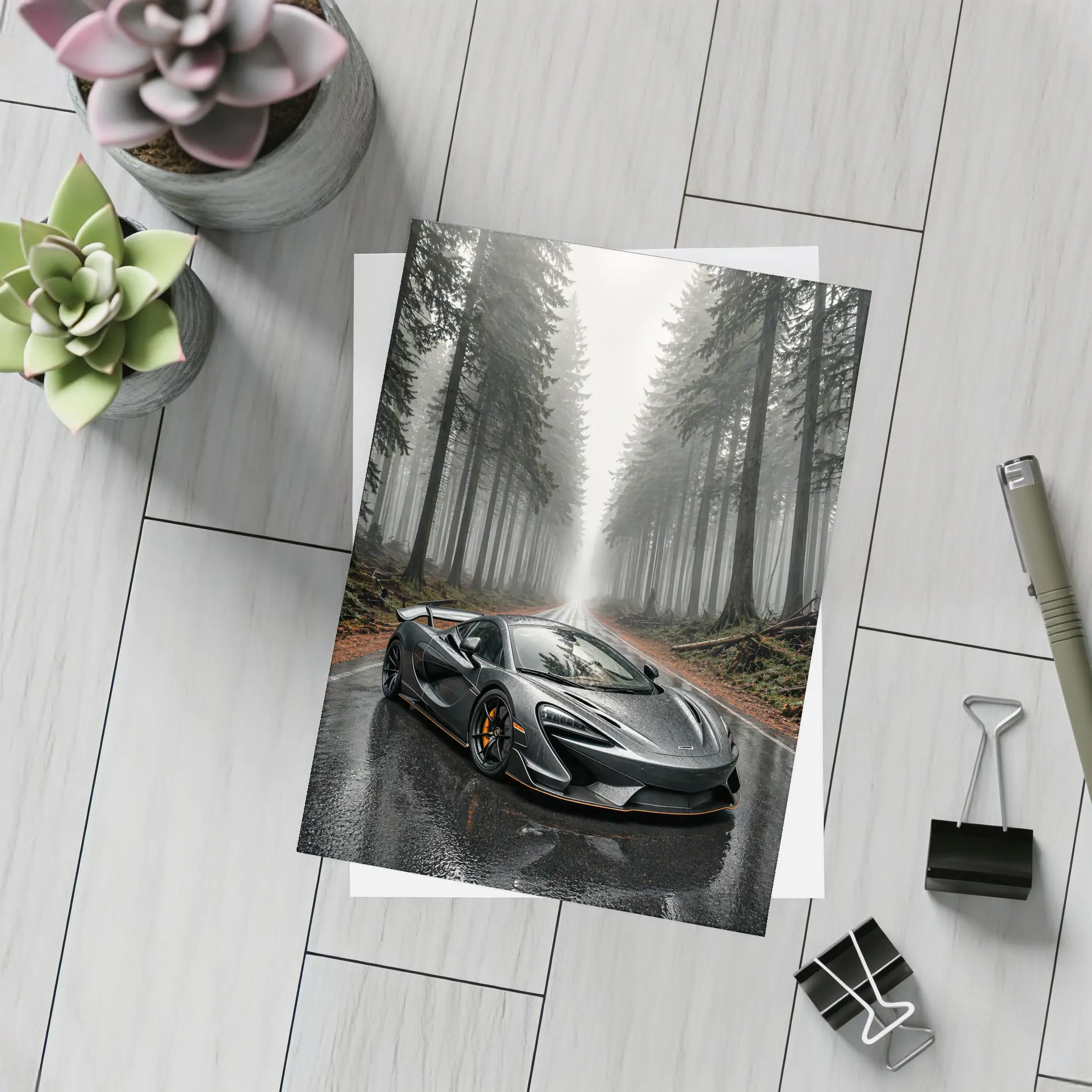 McLaren 570S Gray Supercar Foggy Forest Road – Postcards