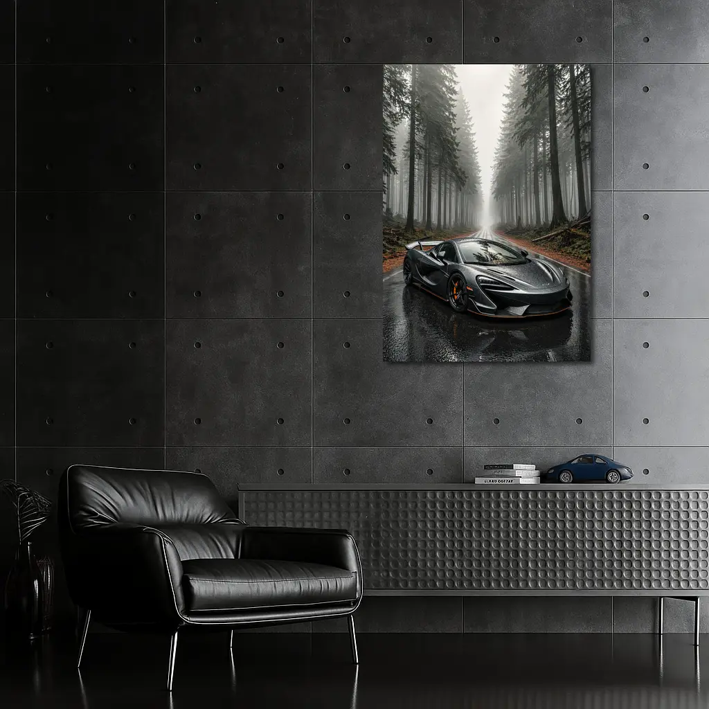 McLaren 570S Gray Supercar Foggy Forest Road – Wall Art