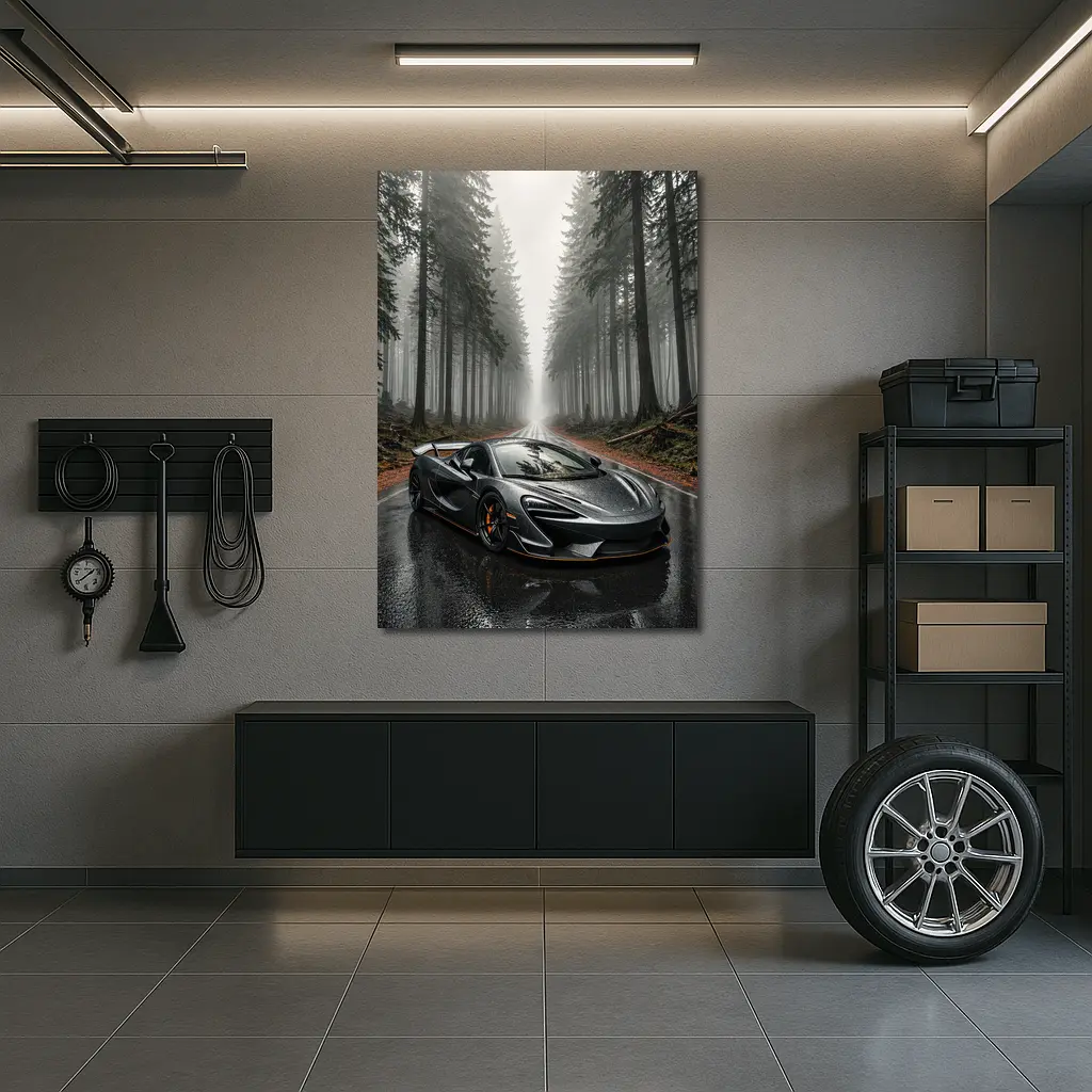 McLaren 570S Gray Supercar Foggy Forest Road – Wall Art