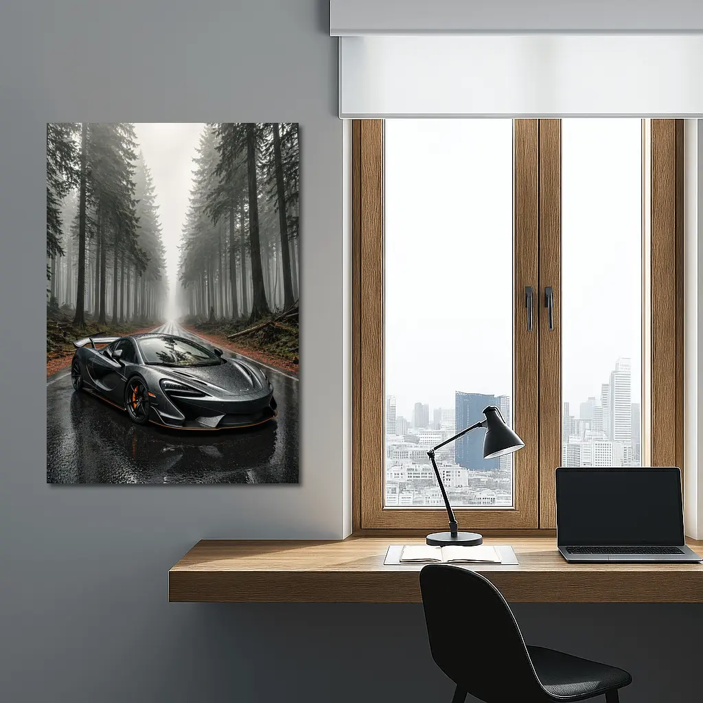 McLaren 570S Gray Supercar Foggy Forest Road – Wall Art