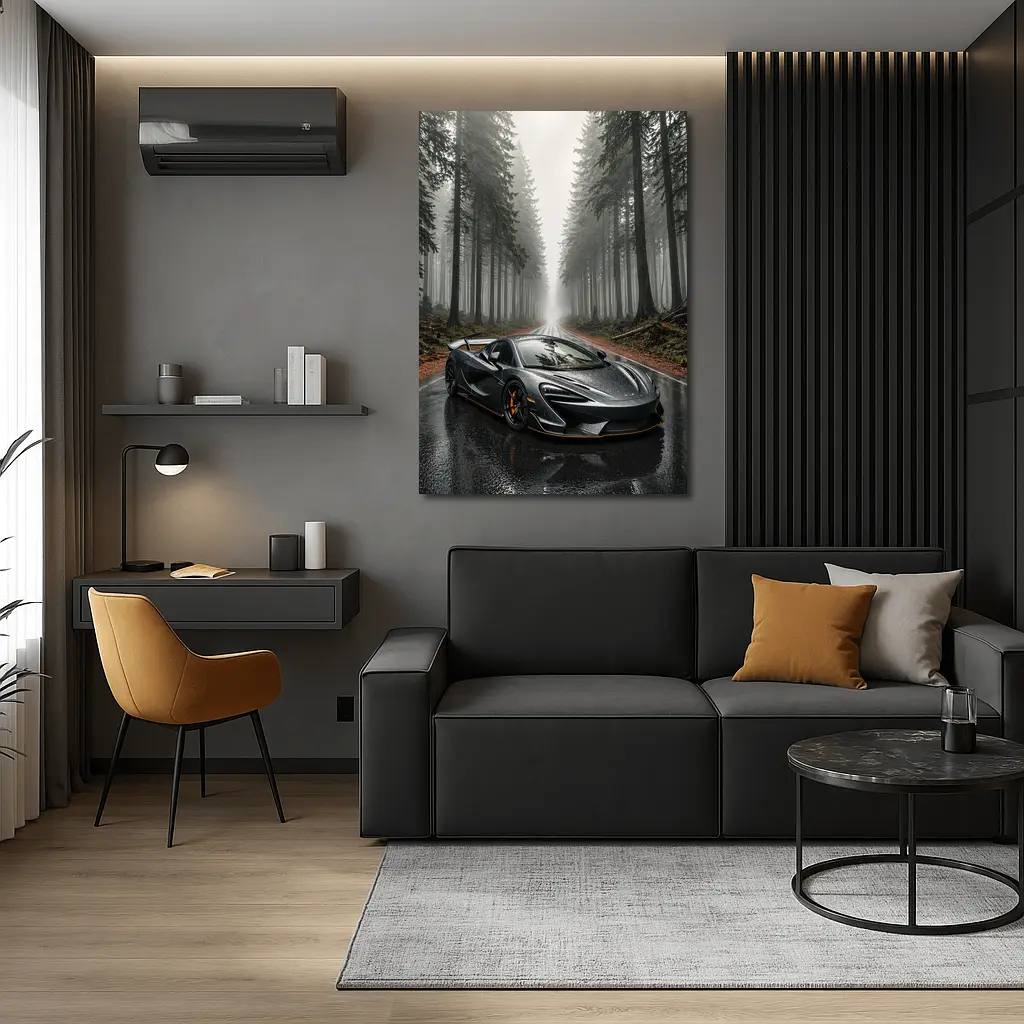 McLaren 570S Gray Supercar Foggy Forest Road – Wall Art
