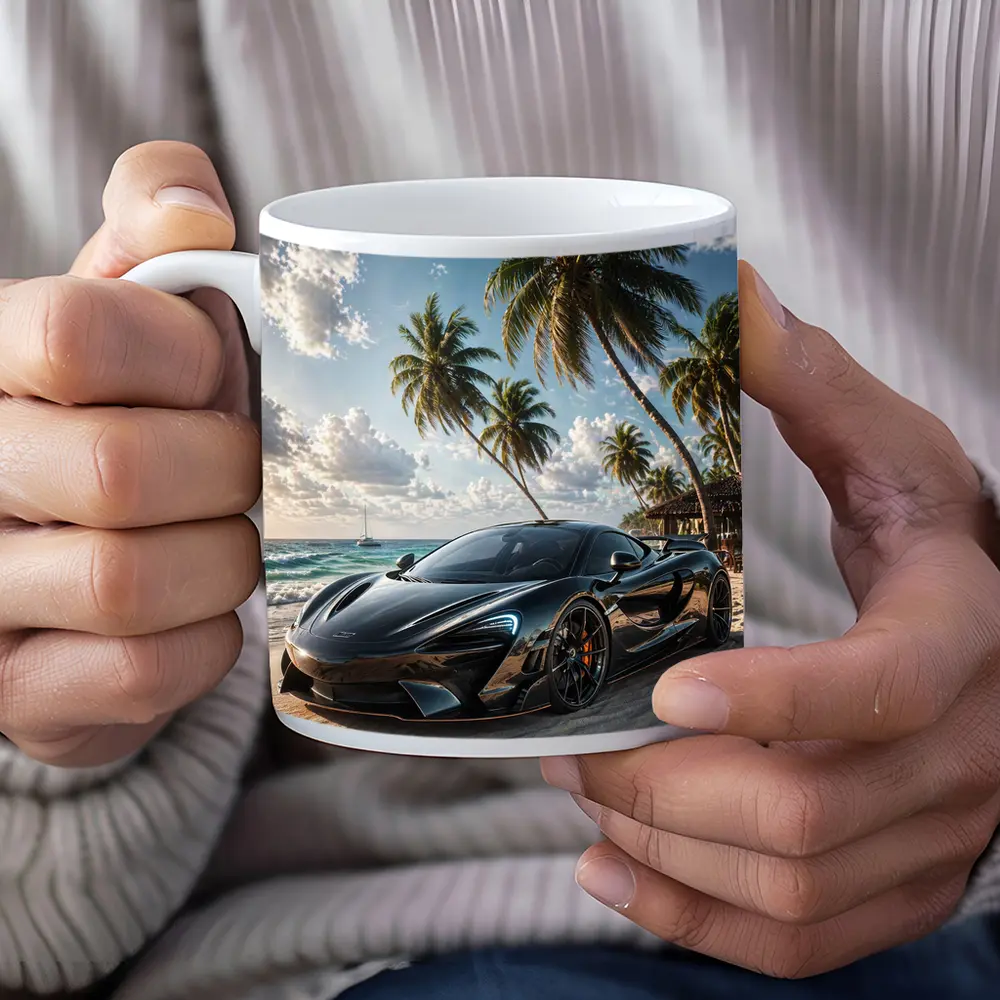 McLaren Black Supercar Tropical Beach Scene – Mugs